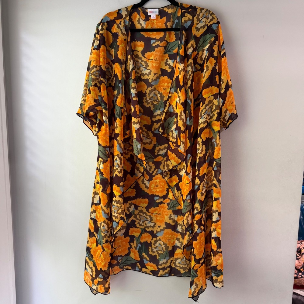 Kimono Wrap‎ Women Medium Orange Floral Ruffled Chiffon Boho Long Coverup
